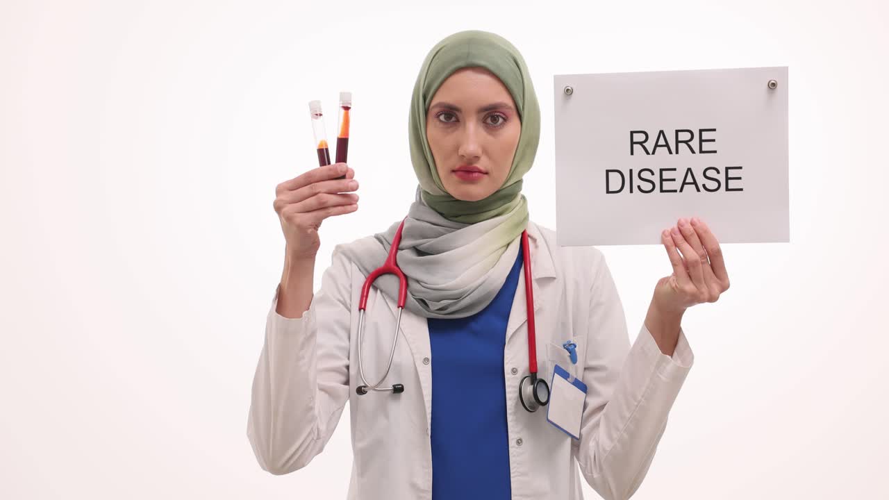 Doctor holding 'Rare Disease' sign and blood samples