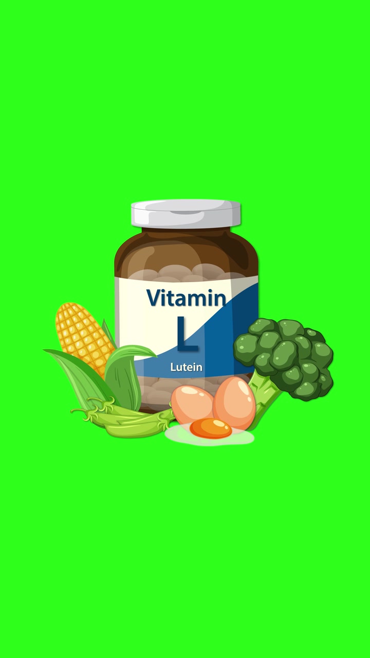 Lutein supplement bottle appears with label reveal, surrounded by corn, broccoli, peas, eggs, green background