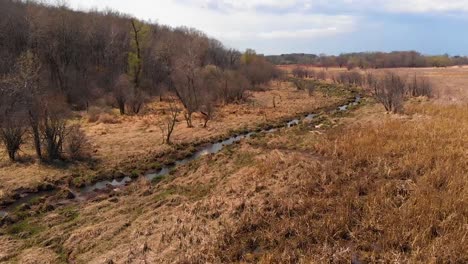 Vista-Aérea-De-Un-Pequeño-Arroyo-Al-Borde-De-Un-Pantano