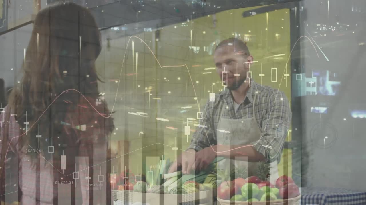 animación del procesamiento de datos sobre mujer caucásica en la tienda