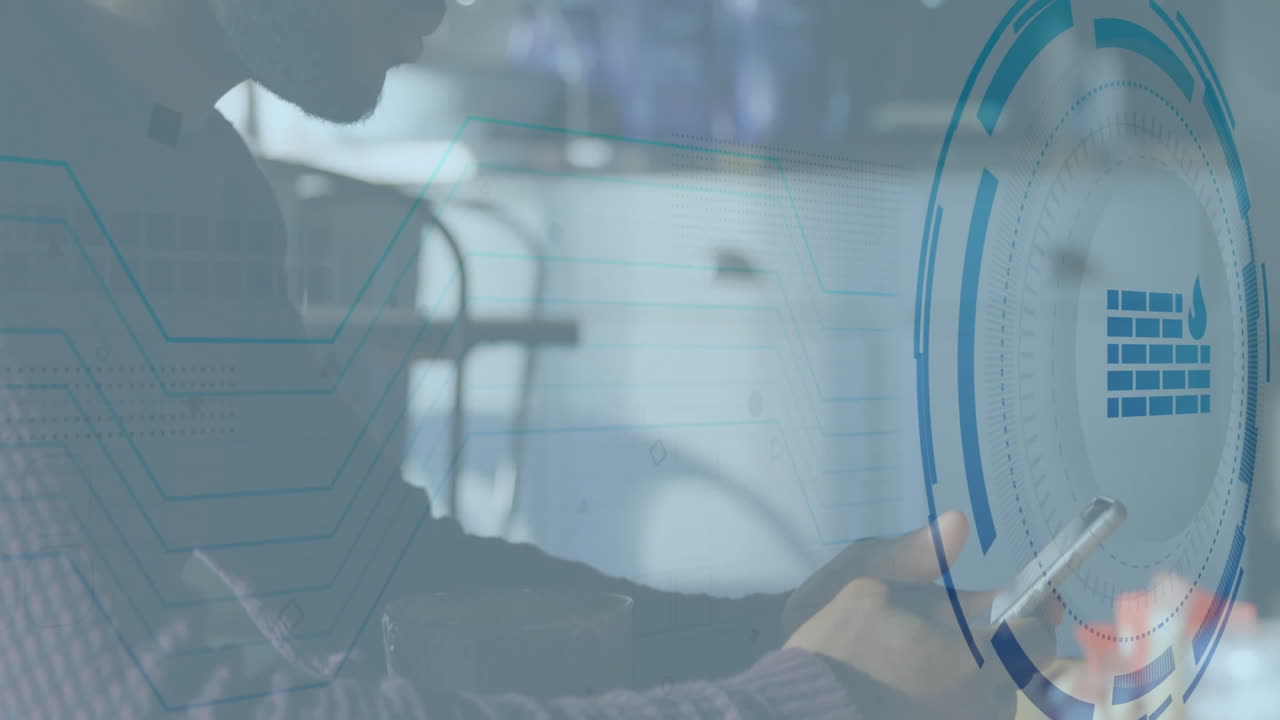 Animation of firewall icon and scope scanning over biracial businessman using smartphone