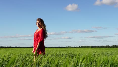 Woman in Red Dress in a Green Field