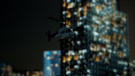 slow motion helicopter near skyscrapers at night