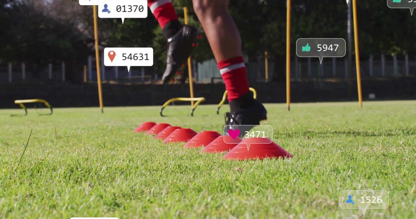 Pernas de atleta passando por cones na grama para anúncios esportivos, com métricas sociais flutuantes.