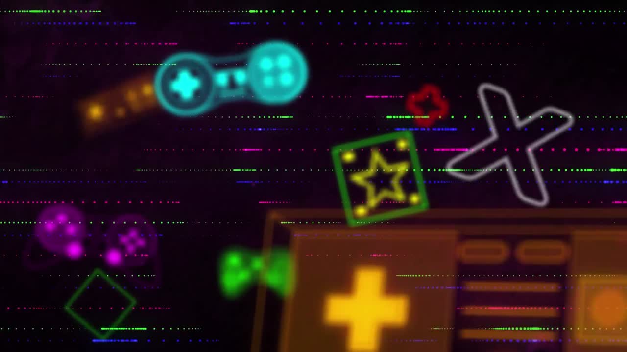 비디오 게임 컨셉 아이콘의 애니메이션은 검은색 배경에 대한 원활한 패턴으로 빛의 흔적 위에 있습니다.