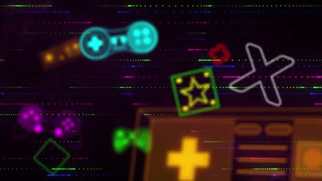 animación de iconos de conceptos de videojuegos sobre senderos de luz en un patrón sin costuras contra un fondo negro