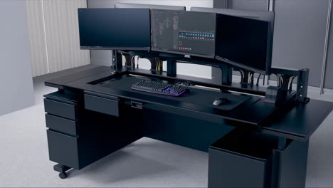 modern computer desk setup with multiple monitors