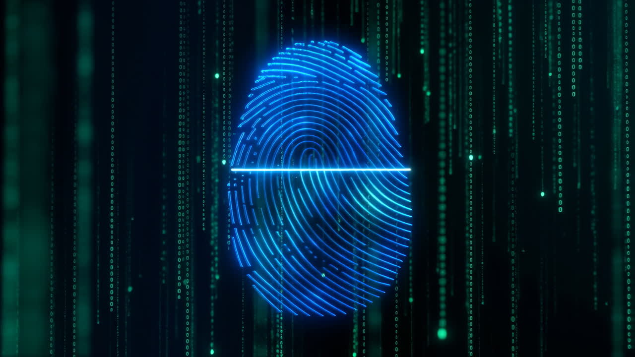 Digital Fingerprint Biometric Scan with Binary Code Background