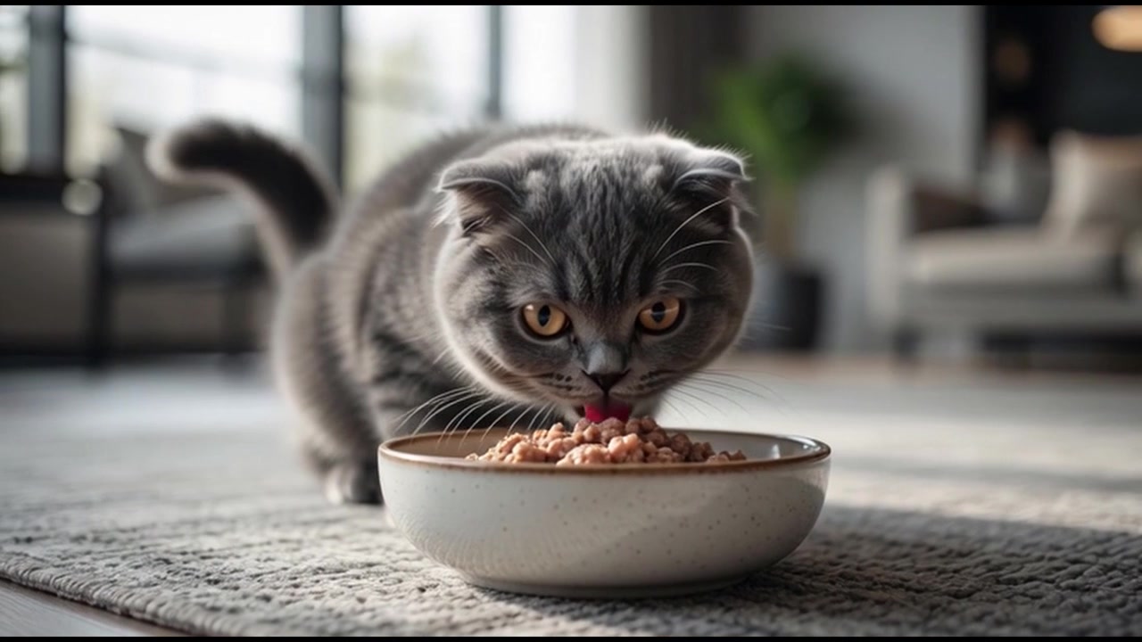 Scottish Fold Katze frisst Nassfutter aus einem Napf