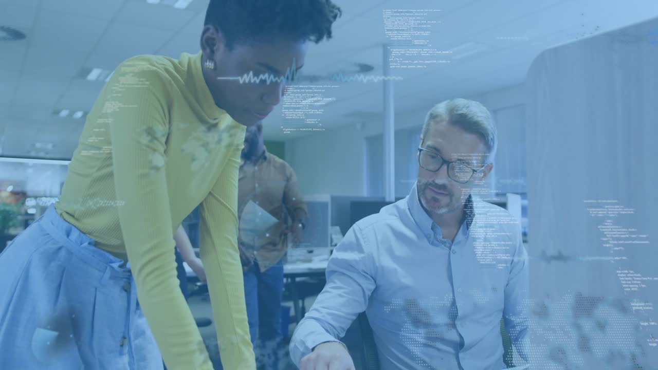 Woman approaching man spreading documents tapping chart and collaborating as tech graphics drifting