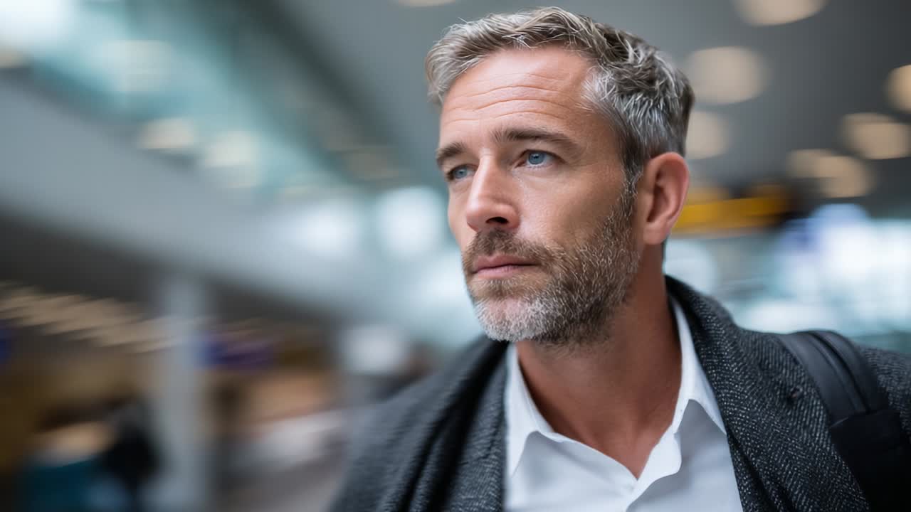 A contemplative moment captured in a busy airport terminal, showcasing a middle-aged man with salt-and-pepper hair and a stylish coat, deep in thought as he navigates his environment