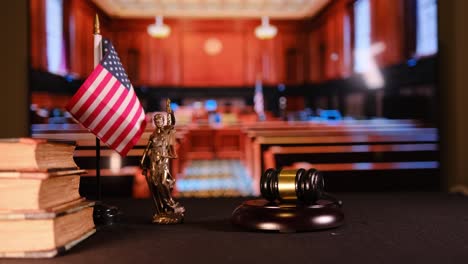 symbolic elements representing justice within a courtroom setting environment and atmosphere