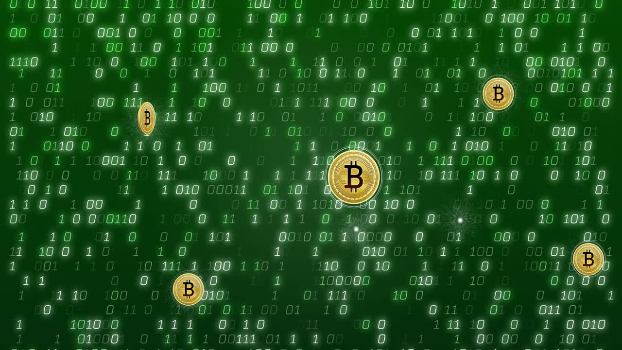 Bitcoin symbols over binary code animation on green background