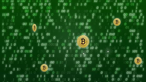 bitcoin symbols over binary code animation on green background