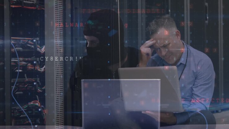 animatie van gegevensverwerking met waarschuwing voor cyberaanvallen op technici en hackers