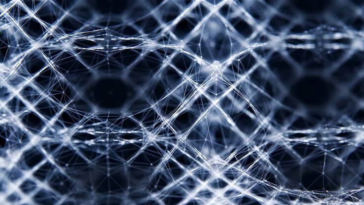 Fine luminous strands drift and reshape into connected web-like forms, with bright crossings and translucent layers floating over a deep navy background in a detailed abstract composition.