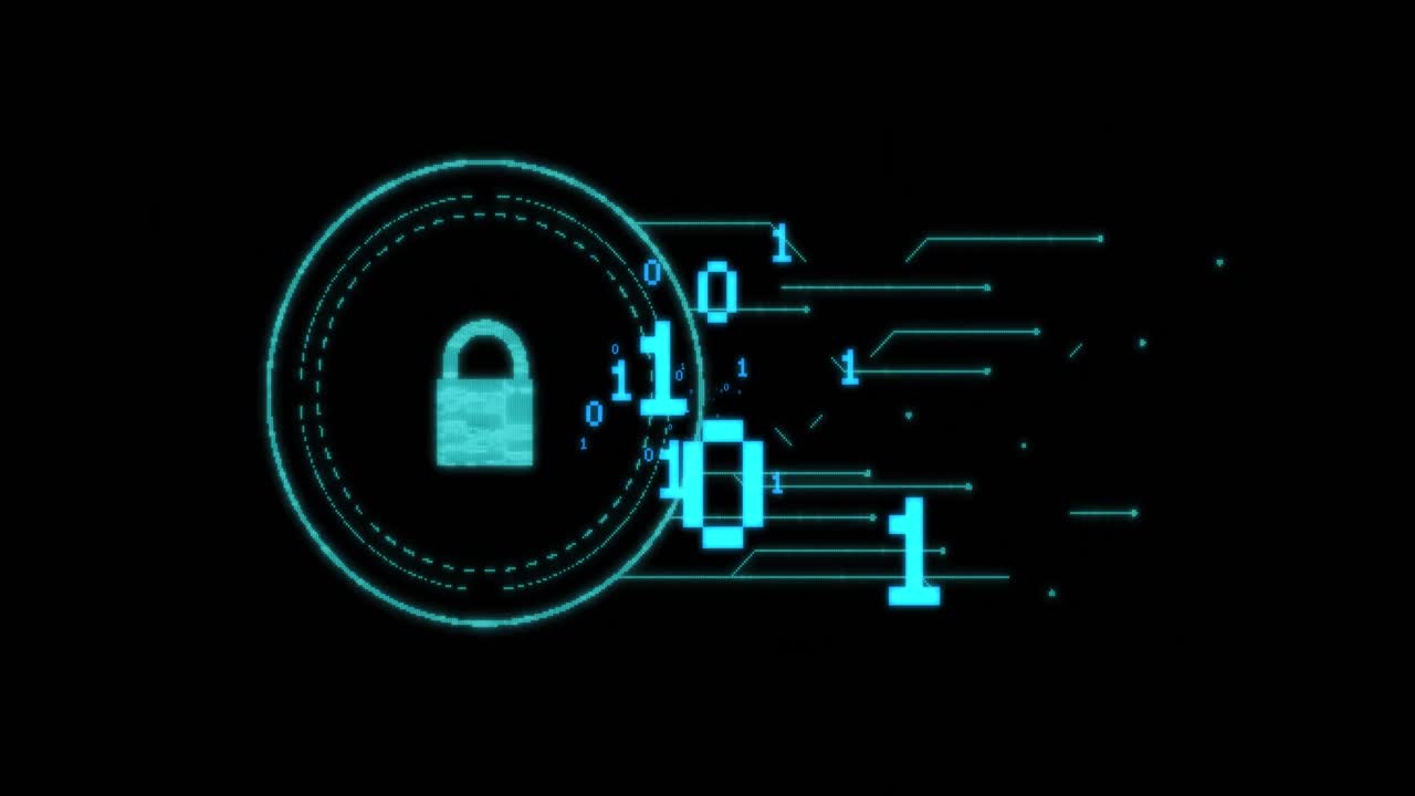 animación del procesamiento de datos y el candado con codificación binaria sobre fondo oscuro