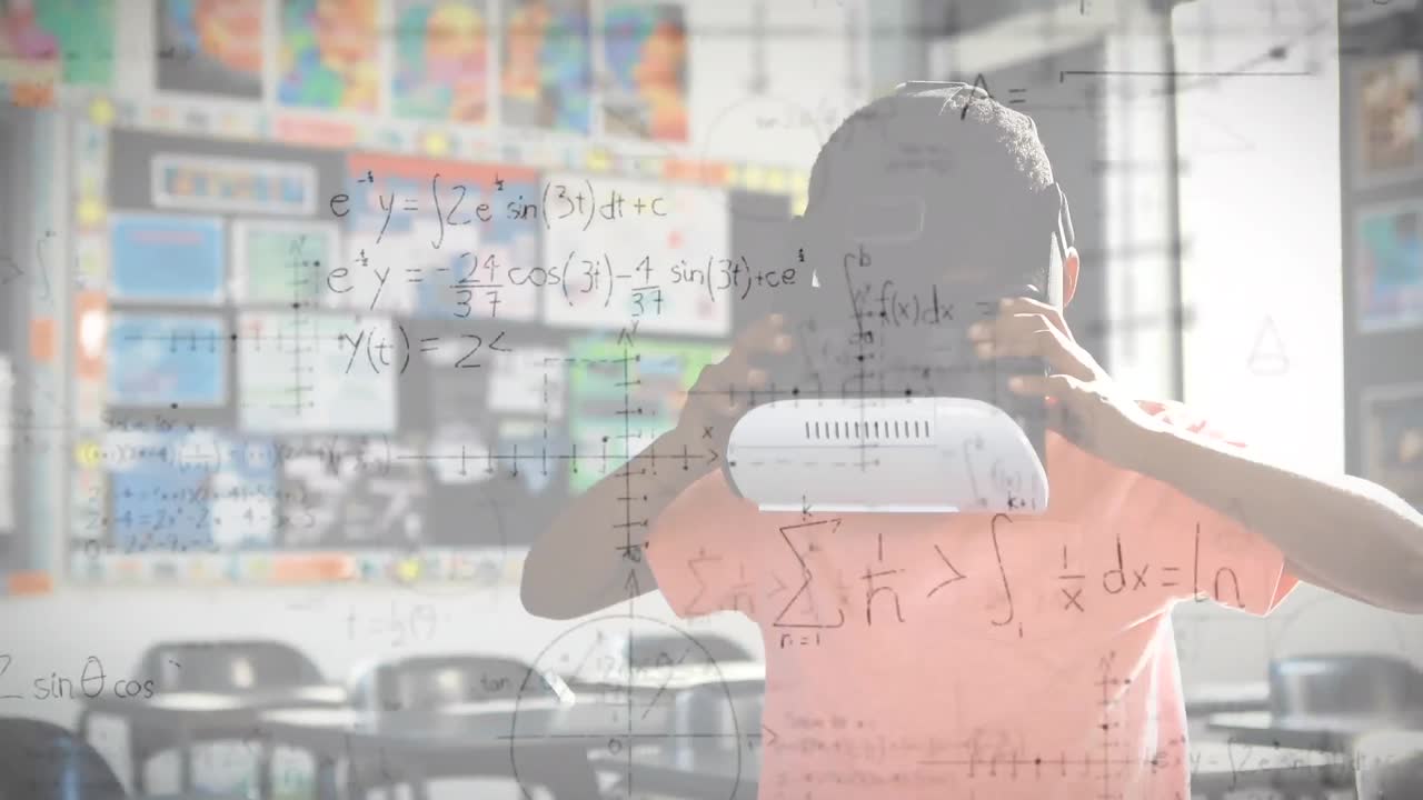 vr 헤드 ⁇ 을 사용하여 학교 아이 위에 수학 수식의 애니메이션