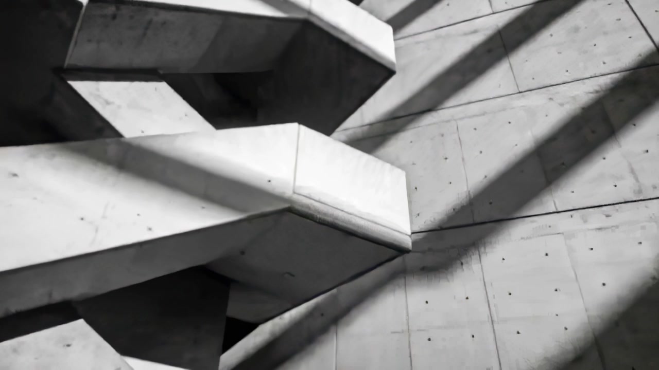 Sich bewegende Kamera enthüllt eine rechte Palme und Betontreppen in einem Atrium, fokussiert auf diagonale Schatten.