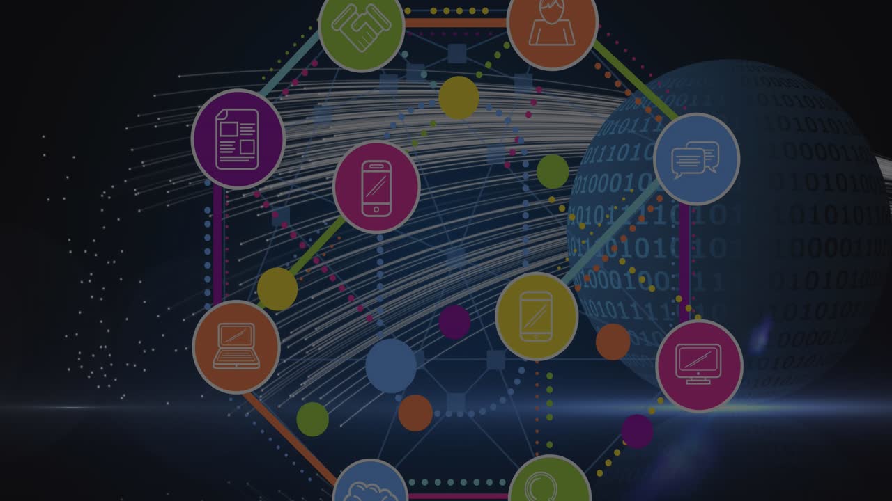 Animation of network of connections with icons over globe and data processing