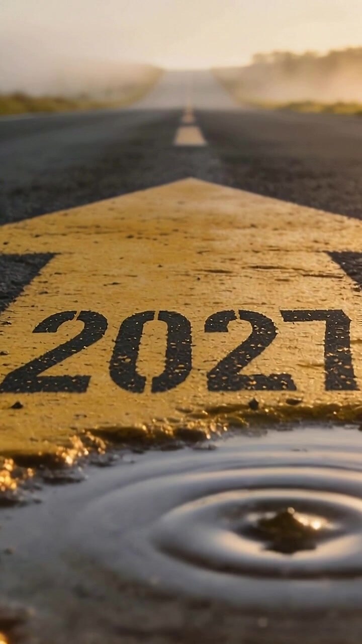 Video verticale: Goccia che crea increspature su una pozzanghera sotto una freccia gialla 2027 su una strada bagnata dopo la pioggia