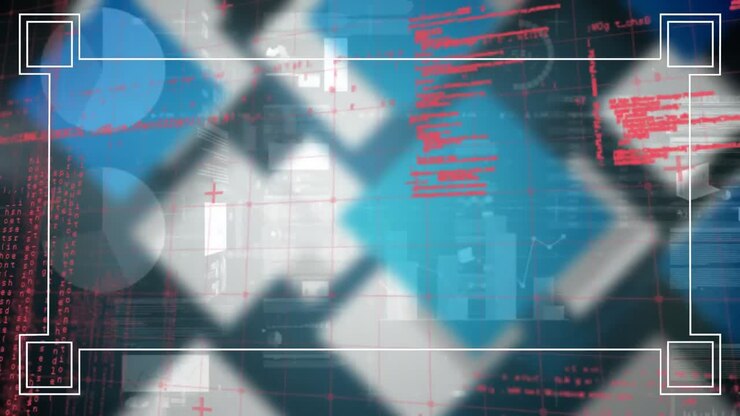 Animation of data processing over grid network against squares shapes on grey background