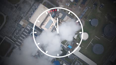 tiempo para reducir las emisiones de co2, superposición del reloj con un fondo de chimenea humeante