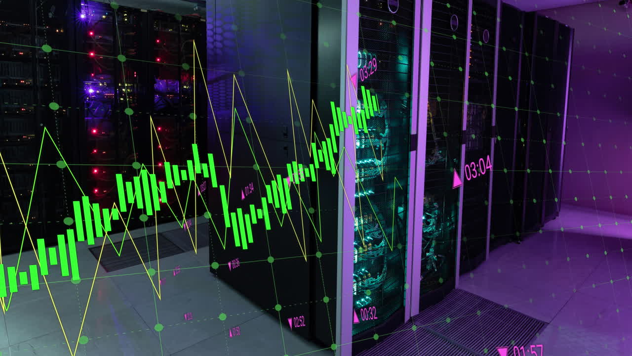 Animazione dell'elaborazione dati su sfondo di una sala server di computer.