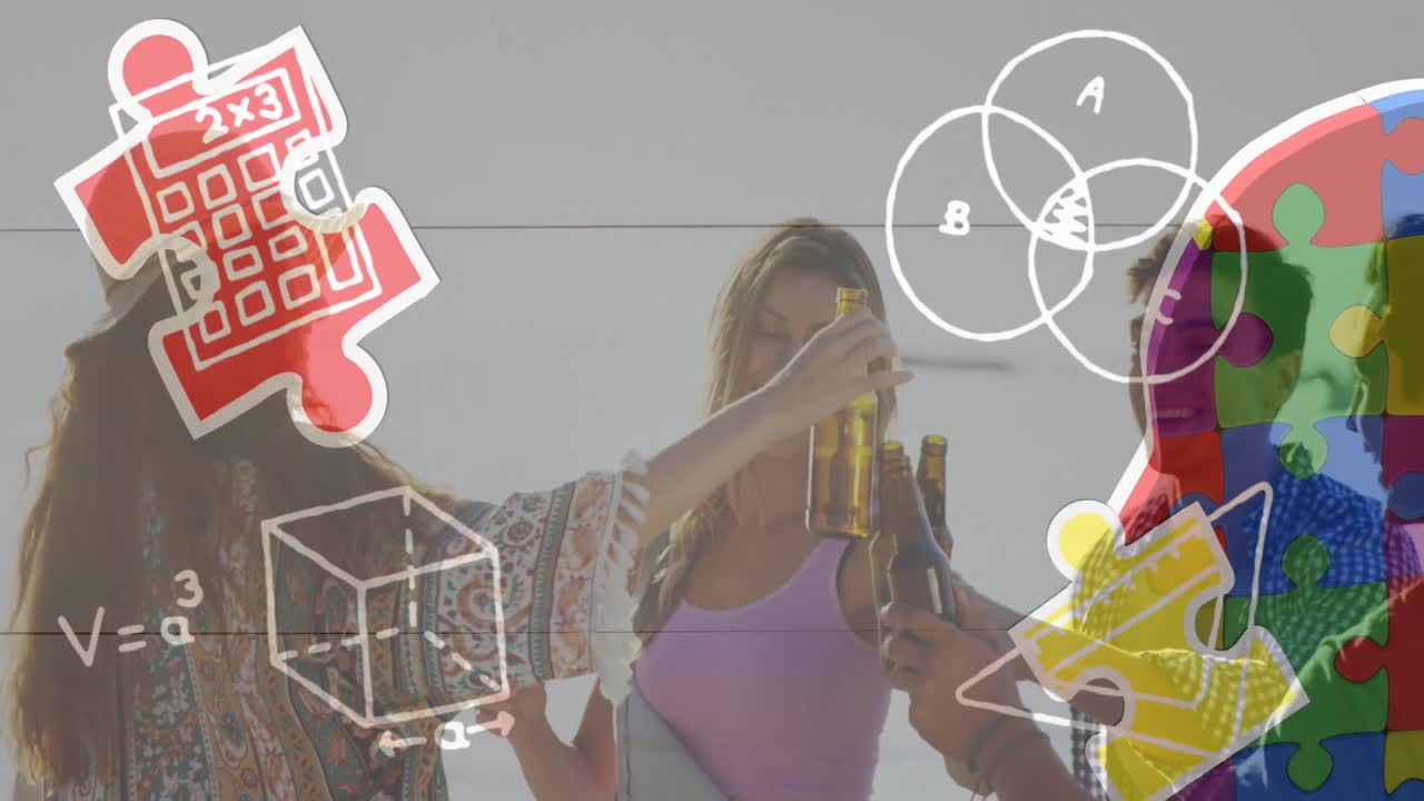 해변 파티에서 맥주를 마시는 친구들 위에서 다채로운 퍼즐 조각과 학교 아이콘의 애니메이션