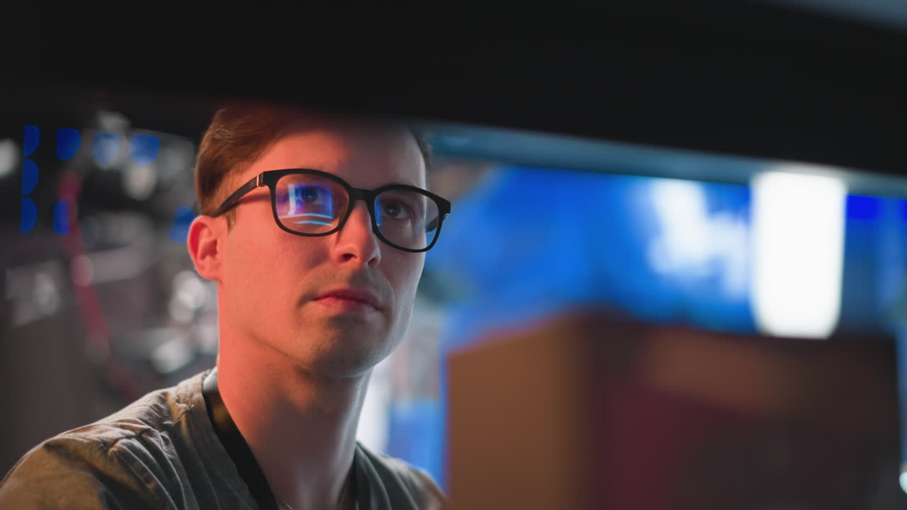 Close-up of a focused person in glasses looking at a screen, working in a studio environment, with digital elements and technical equipment in the background, likely involved in video or media production