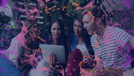 young adults gathered around tablet with digital network animation overlay