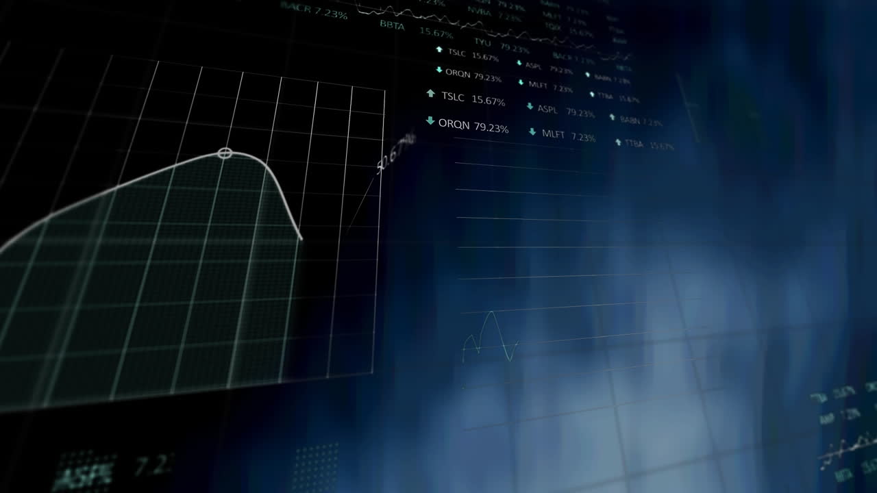 Animation of financial data processing over grid on blue background
