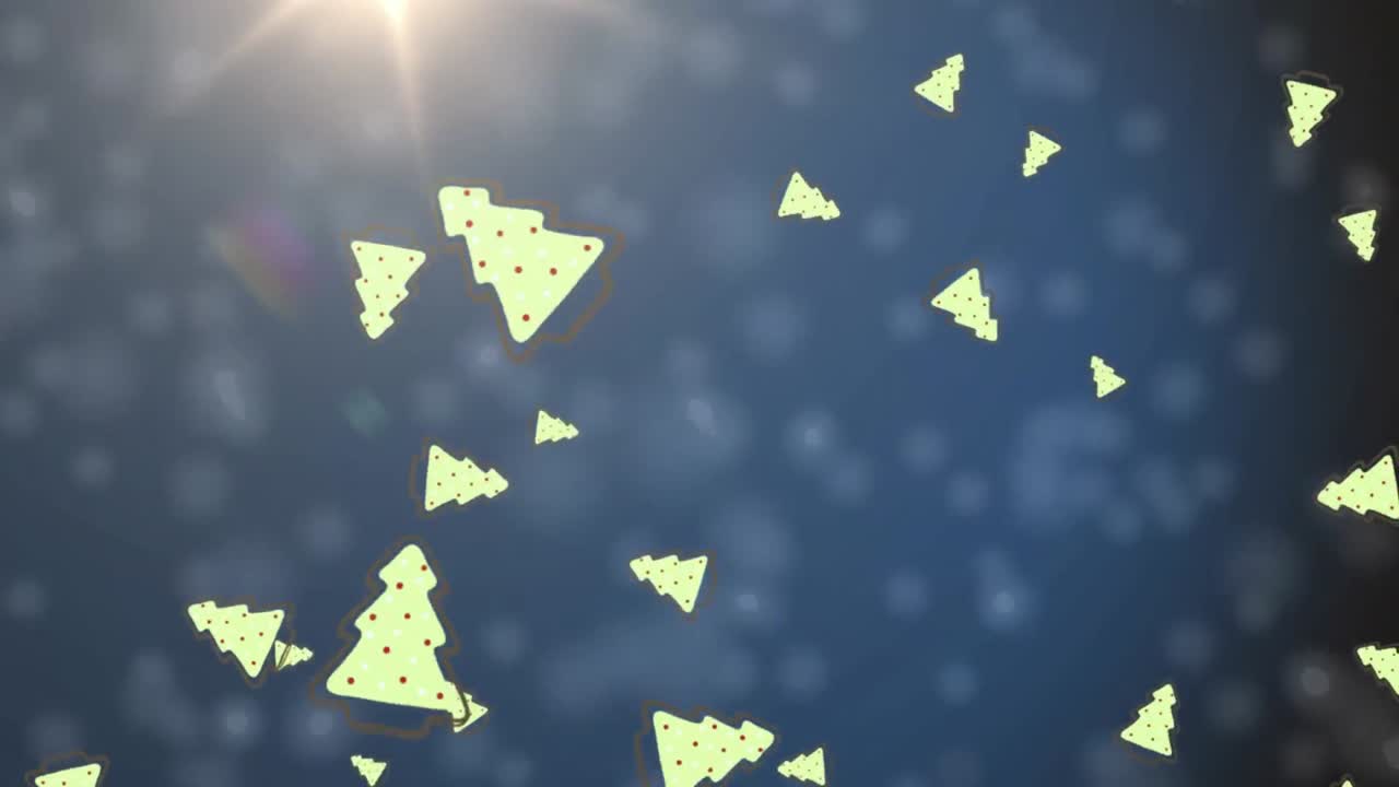 múltiples iconos de árboles de navidad y manchas blancas cayendo contra el punto de luz sobre un fondo azul
