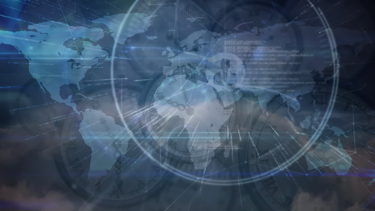 세계 지도의 애니메이션, 움직이는 시계 및 데이터 처리
