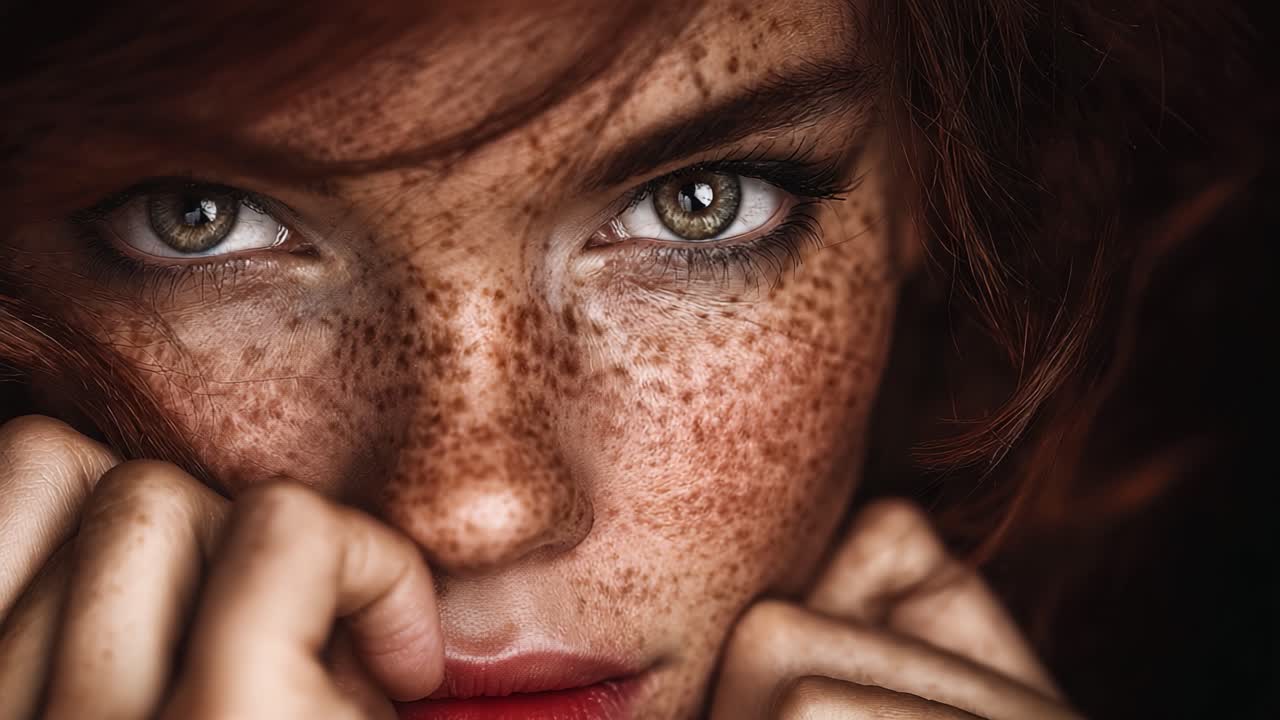Ritratto ravvicinato di una donna con lentiggini e sguardo intenso, che cattura emozione e bellezza con ricchezza di dettagli, evidenziando la pelle lentigginosa e gli occhi penetranti.