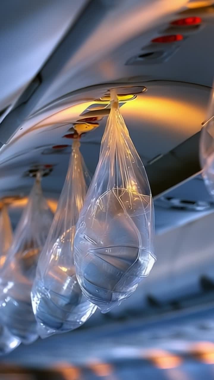 Suspended plastic bags hang from the overhead compartment inside an airplane, capturing the ambient light of the cabin and highlighting the travel atmosphere