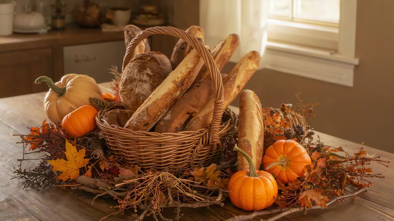 Slowly dollying camera revealing wicker basket with baguettes on table, with pumpkins garland