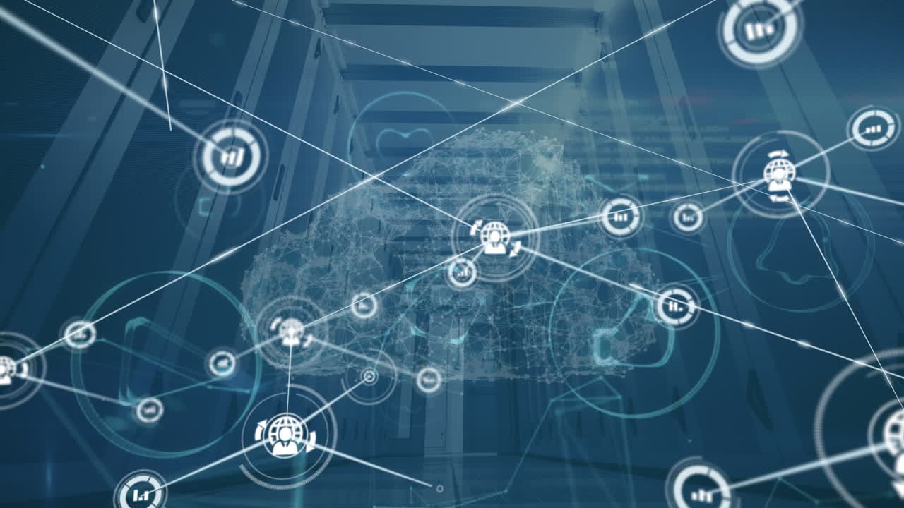 Animation of network of connections with icons over server room