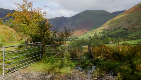 Tracking-shot-past-a-gate-to-mountains-in-North-Wales-in-the-UK