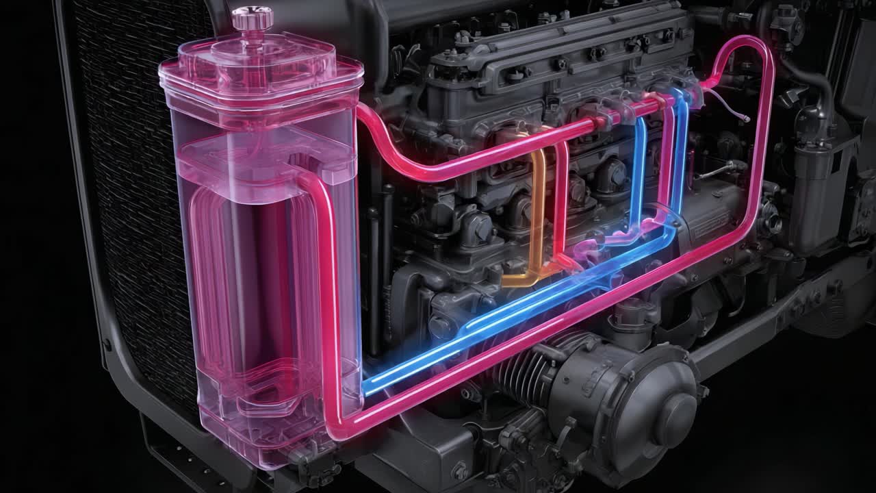 Detailed Visualization of Engine Cooling System with Fluid Flow Dynamics: A Close-Up on the Reservoir, Hoses, and Engine Components for Enhanced Understanding