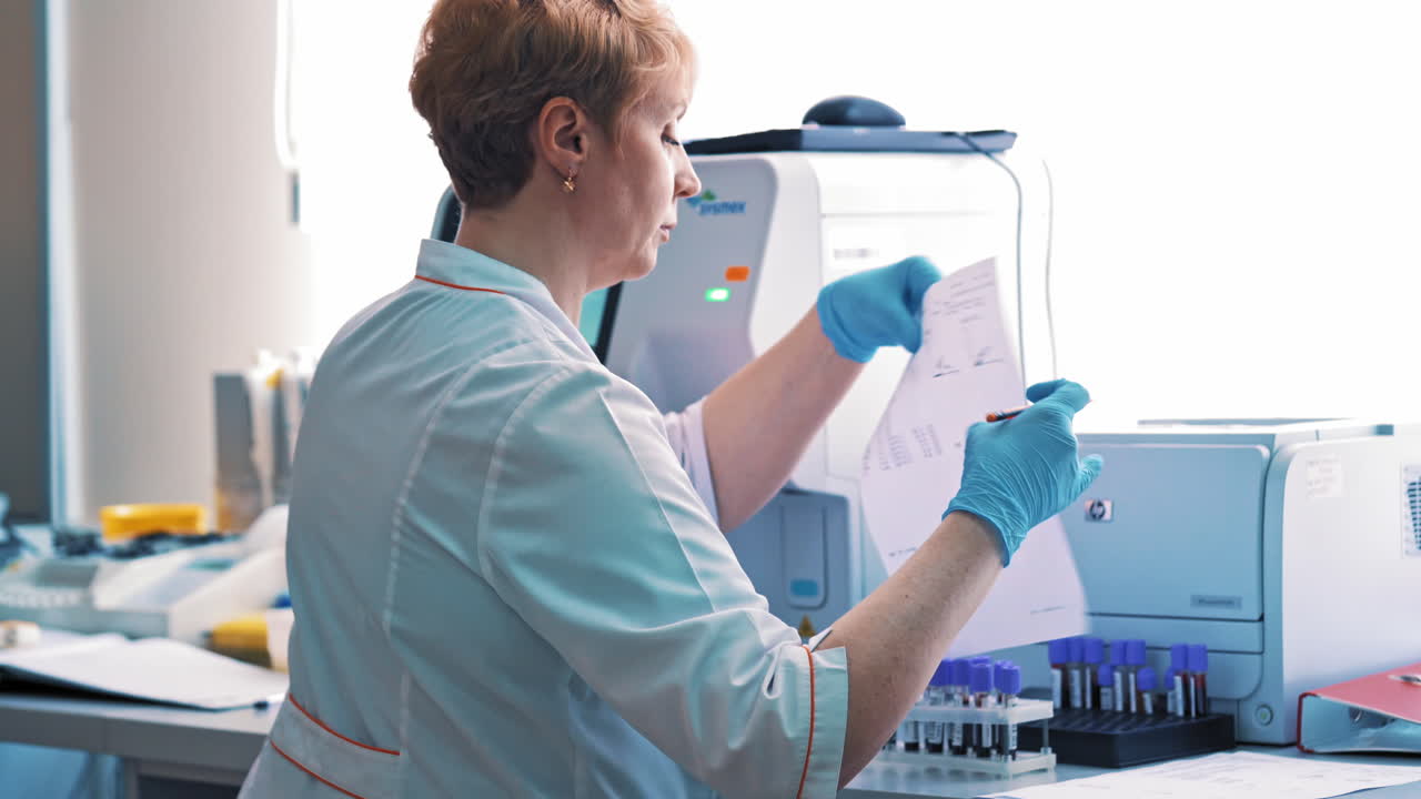 Woman worker in medical gown holds the vial close to the medical aparatus in the laboratory. Laboratory technician works with test tubes and writes the results on paper.