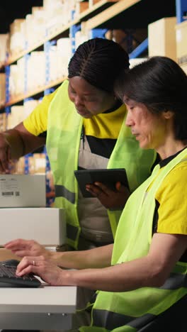 vertical video depot coworkers processing orders and preparing the packages together