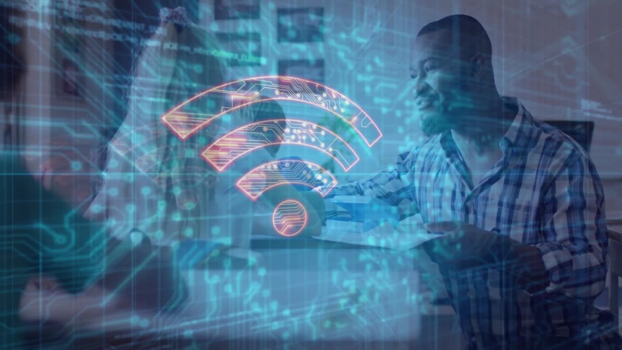 Man teaching kids in home study, with education network overlay showing code lines and Wi-Fi symbol