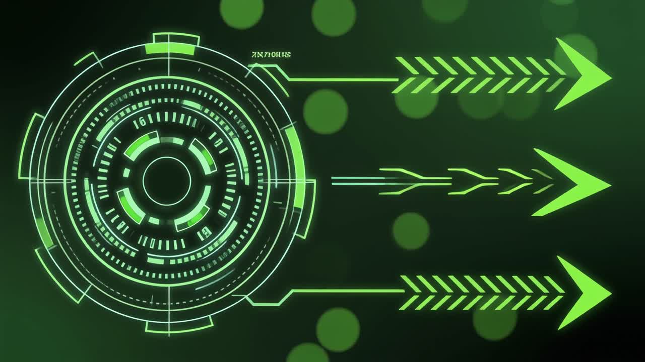 Animated Futuristic HUD Display with Green Arrows and Technology Elements