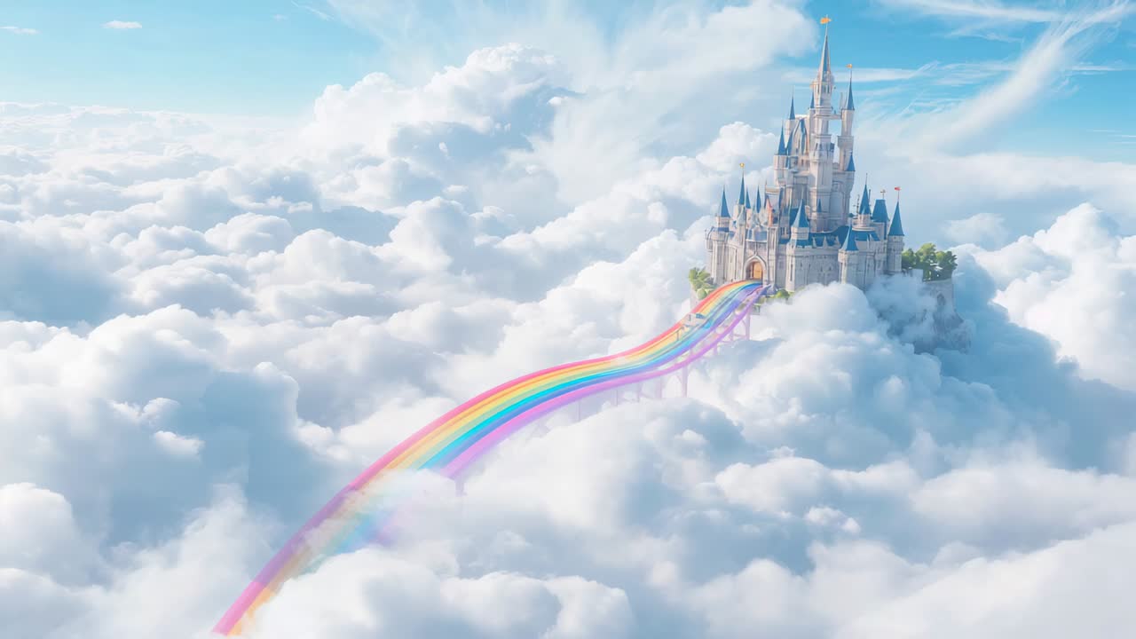 Camera in movimento che rivela un castello delle fate al cancello su una nuvola, arcobaleno che si estende, messa a fuoco, spazio per la copia