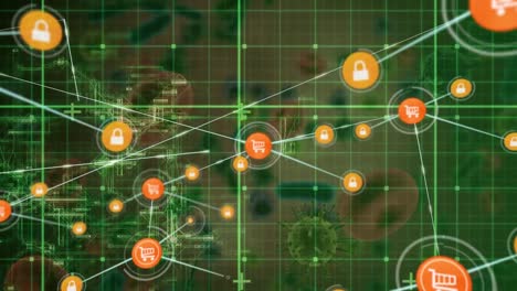 Network-of-digital-icons-over-grid-network-against-covid-19-cell-and-blood-vessels-floating