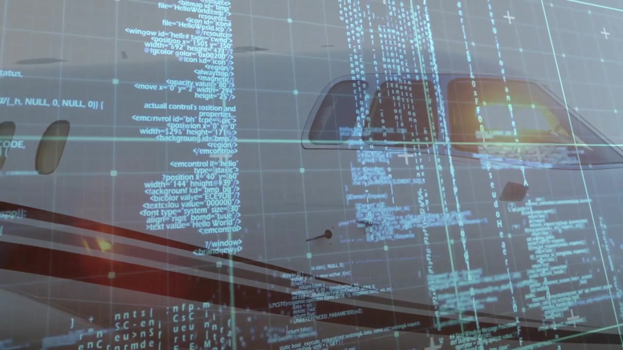 Opening jet fuselage translucent grid fading code flowing amber glow highlighting cockpit window