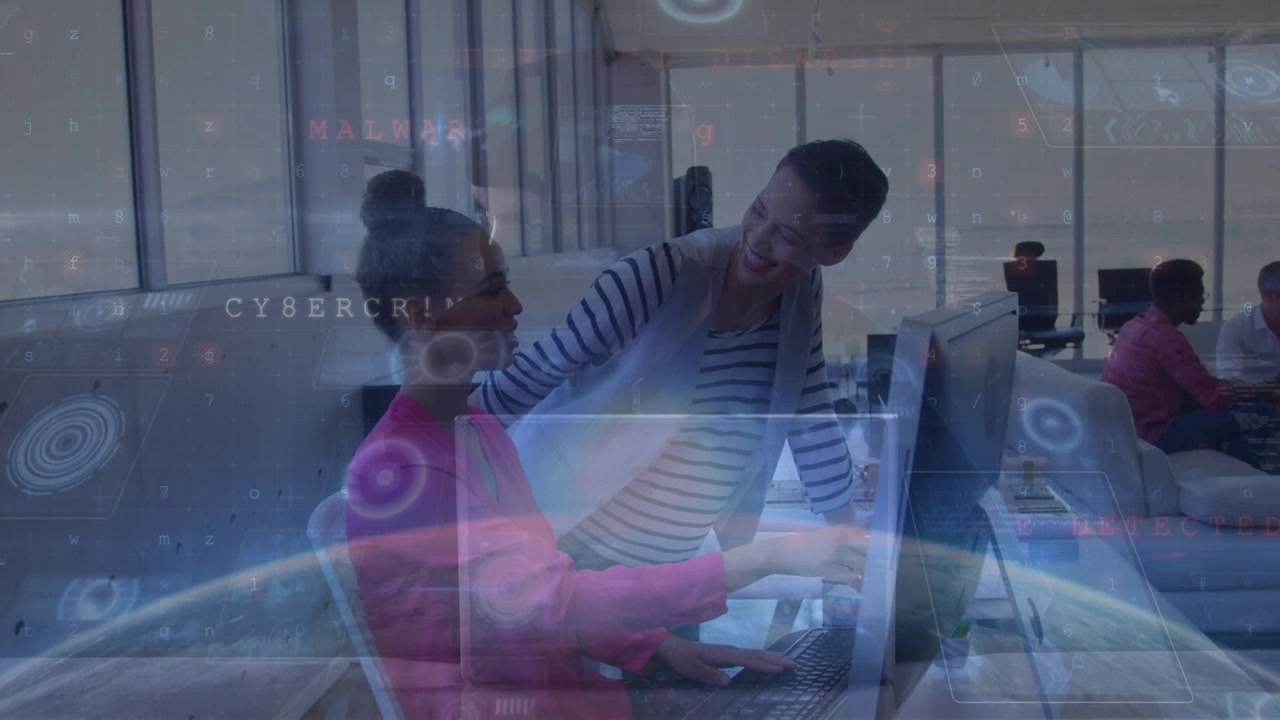 Animation of data processing over diverse business people using computers