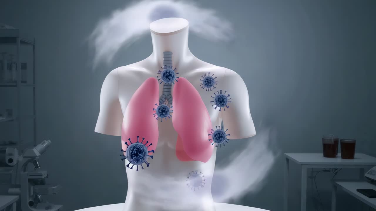 Formazione di un pennacchio di aerosol, virus che si spostano verso il busto mostrando polmoni e trachea in laboratorio per scopi didattici.