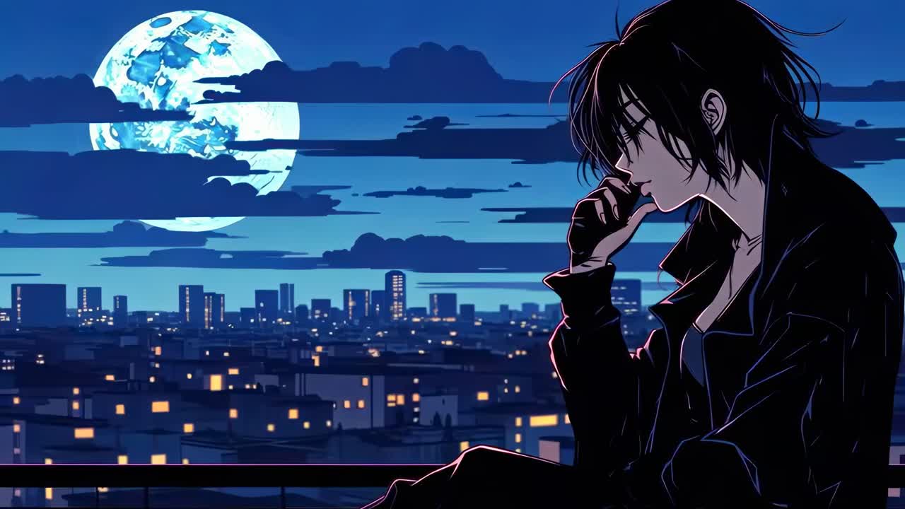 Anime-style video concept with a side profile of a person on a rooftop at night, moonlit cityscape